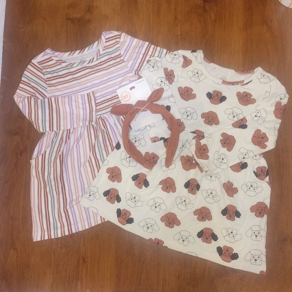 Wonder Nation Girls Long Sleeve Play Dress 2 Pack with Hair Accessory